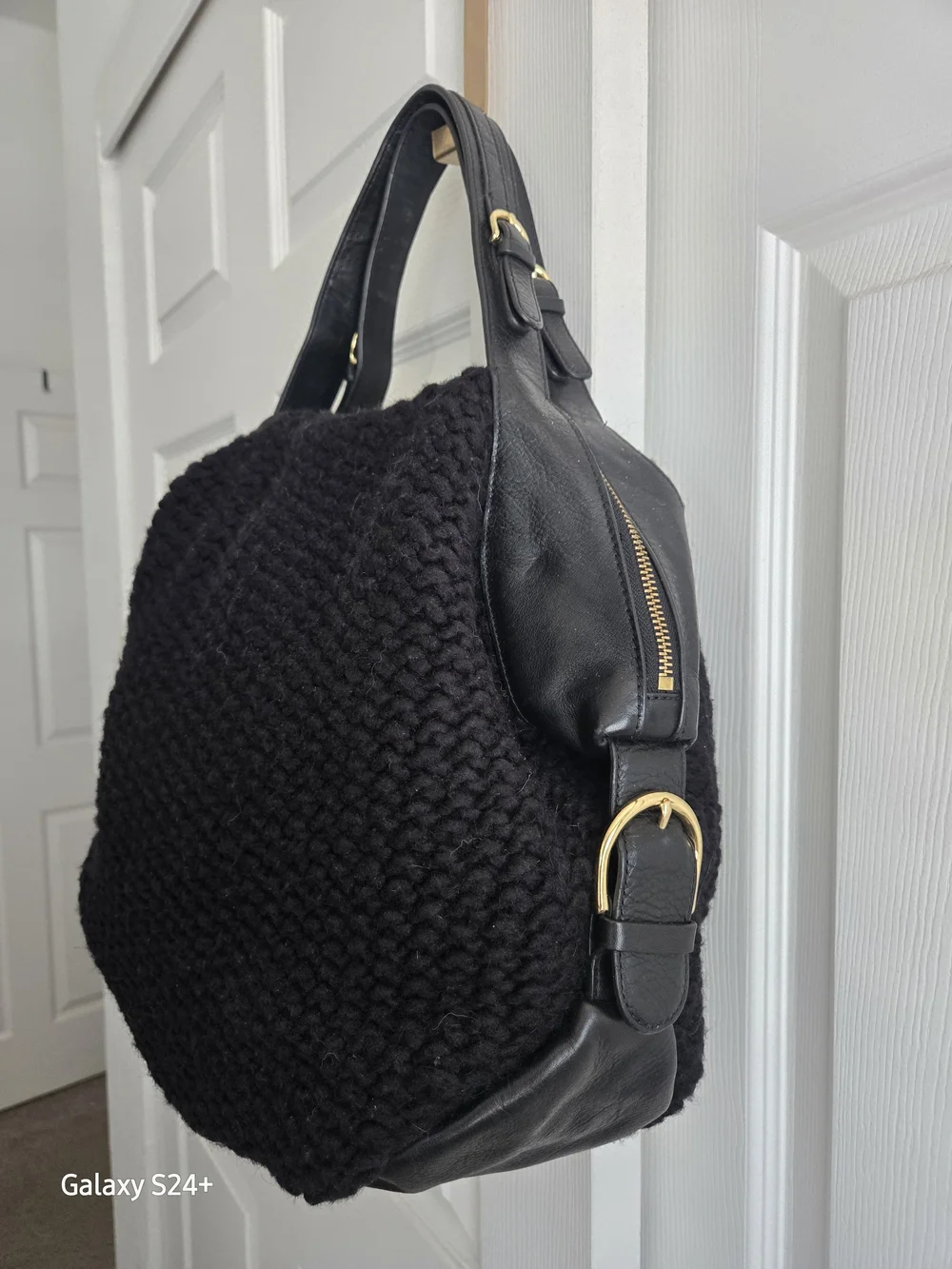 UGG Black Knit Leather Trim Hobo Satchel Bag